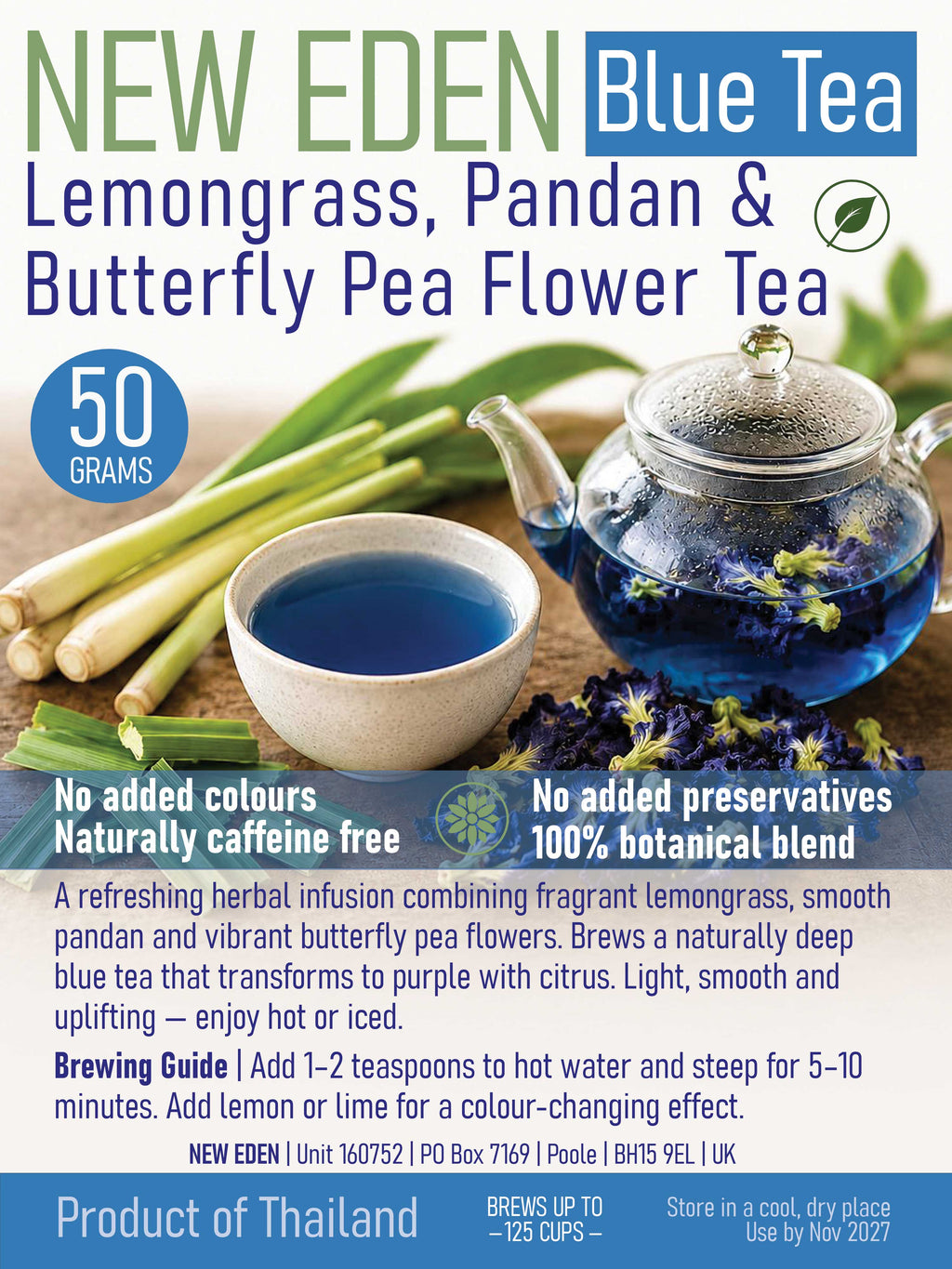 Lemongrass, Pandan & Butterfly Blue Pea Flower Tea | 50 g | Citrus Flavour