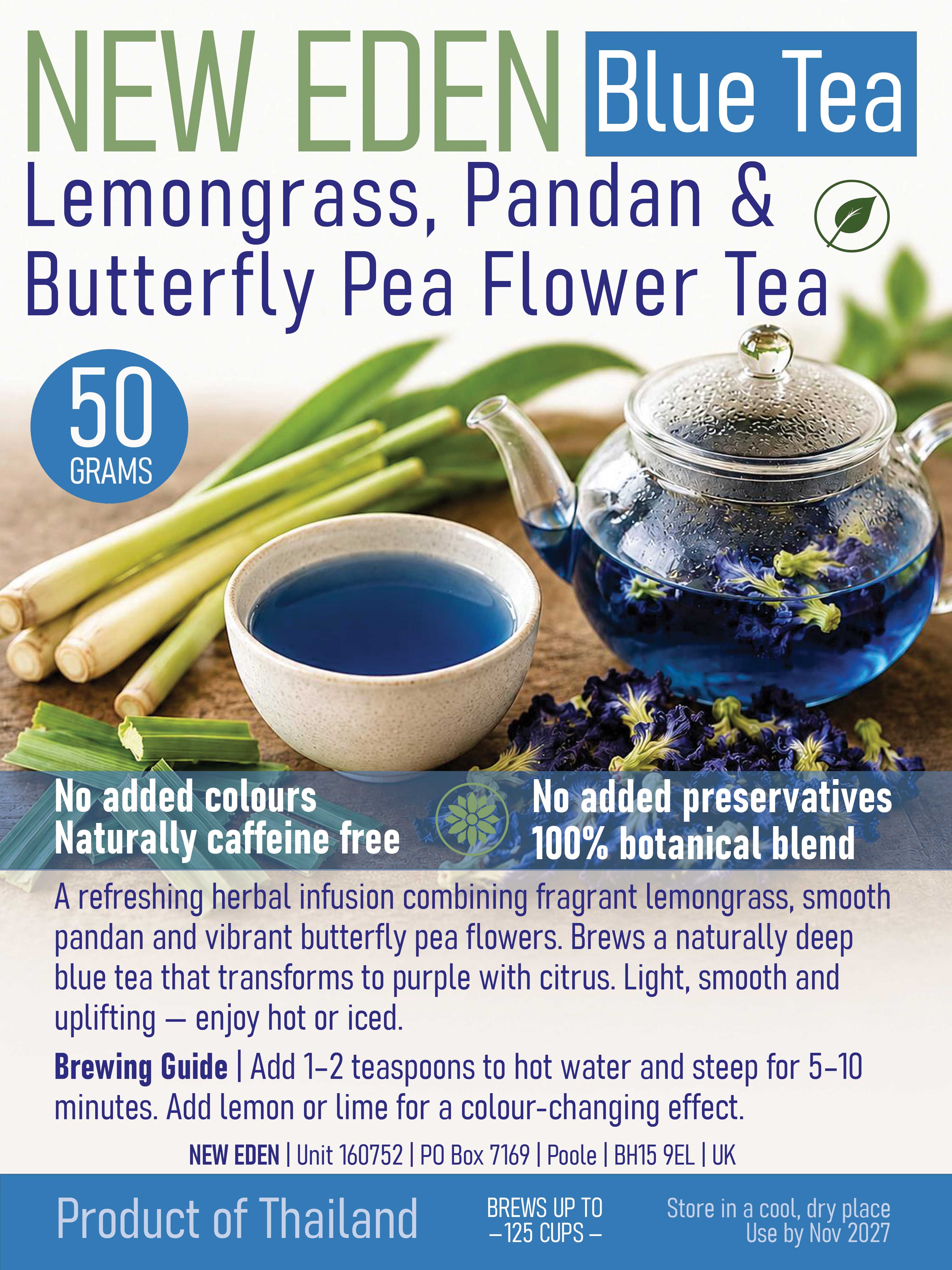 Lemongrass, Pandan & Butterfly Blue Pea Flower Tea | 50 g | Citrus Flavour